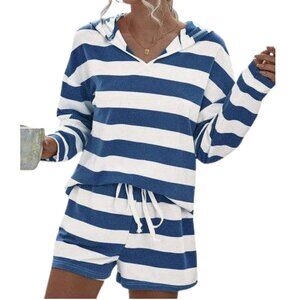Navy Blue Striped 2-Pc Set Long Slv Hoodie & Shorts Lounge Outfit S-XL Nautical